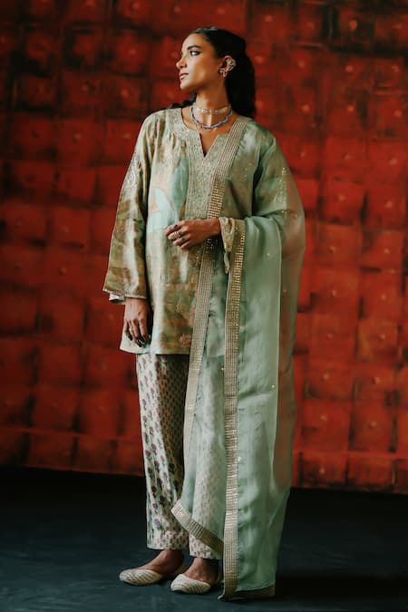 Drishti & Zahabia_Green Silk, Dupion, Organza Sequins, Mirrors, Embroidery Mint Printed Kurta Set _Online_at_Aza_Fashions