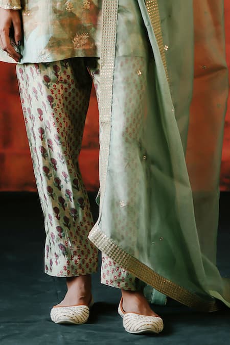 Buy_Drishti & Zahabia_Green Silk, Dupion, Organza Sequins, Mirrors, Embroidery Mint Printed Kurta Set _Online_at_Aza_Fashions