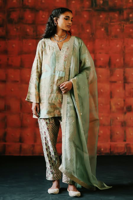 Drishti & Zahabia Mint Printed Kurta Set 