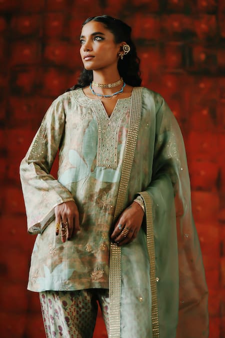 Shop_Drishti & Zahabia_Green Silk, Dupion, Organza Sequins, Mirrors, Embroidery Mint Printed Kurta Set _Online_at_Aza_Fashions