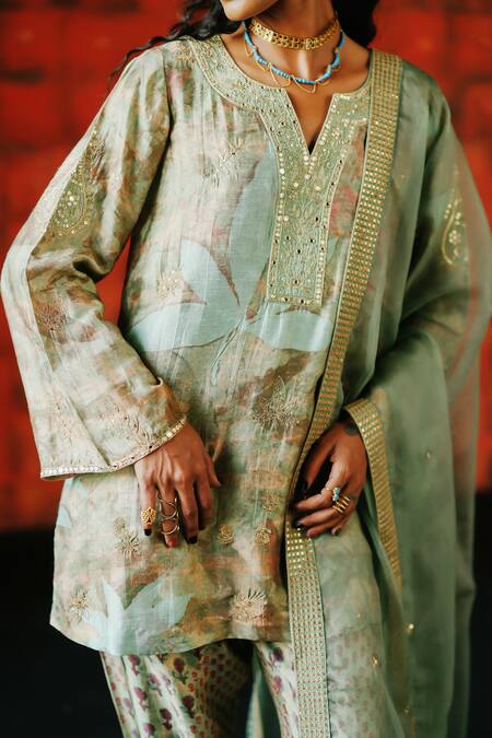 Drishti & Zahabia_Green Silk, Dupion, Organza Sequins, Mirrors, Embroidery Mint Printed Kurta Set _at_Aza_Fashions