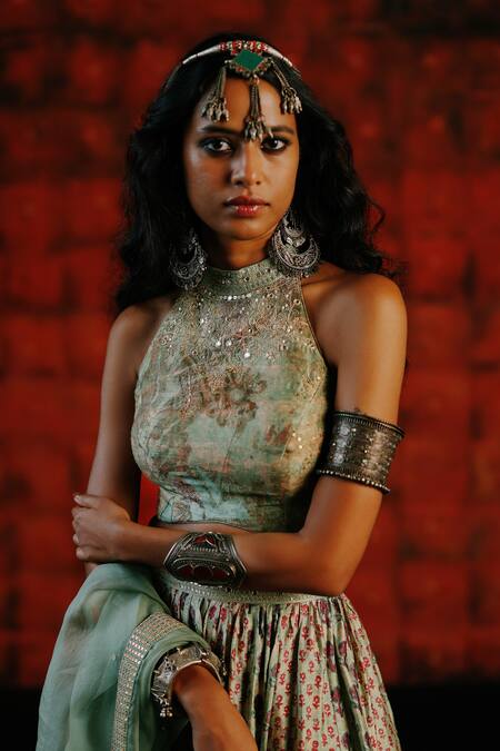 Buy_Drishti & Zahabia_Green Dupion, Organza Mirrors, Ajhrakh Print Lehenga Set With Blouse _Online_at_Aza_Fashions