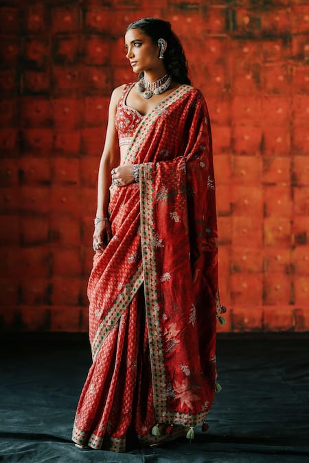 Drishti & Zahabia Brick Red Ajrakh Print Saree Set 