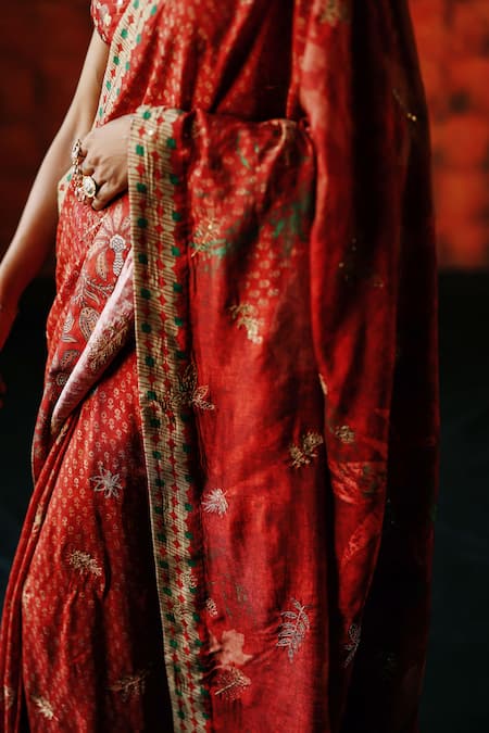 Buy_Drishti & Zahabia_Red , Satin Embroidery, Zari, Sequins, Brick Ajrakh Print Saree Set _Online_at_Aza_Fashions