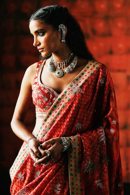 Drishti & Zahabia_Red , Satin Embroidery, Zari, Sequins, Brick Ajrakh Print Saree Set _at_Aza_Fashions