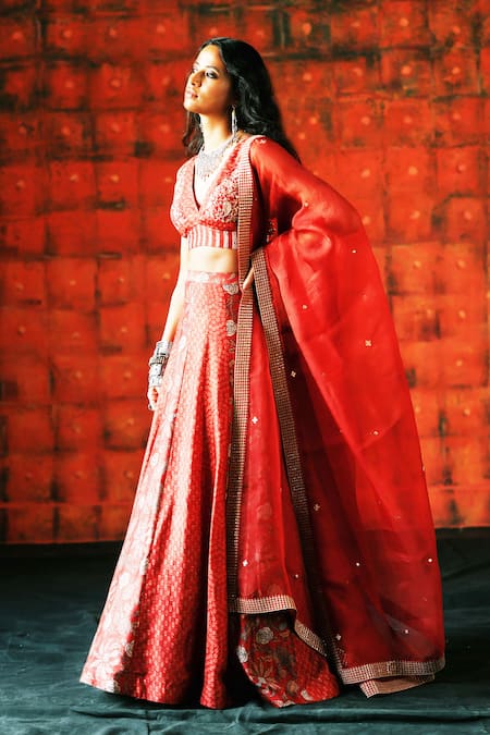Drishti & Zahabia Brick Red Ajrakh Print Lehenga Set 