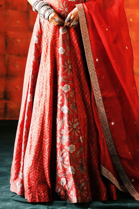 Shop_Drishti & Zahabia_Red Silk, Organza Sequins, Zari, Mirrors V-neck Brick Ajrakh Print Lehenga Set _Online_at_Aza_Fashions