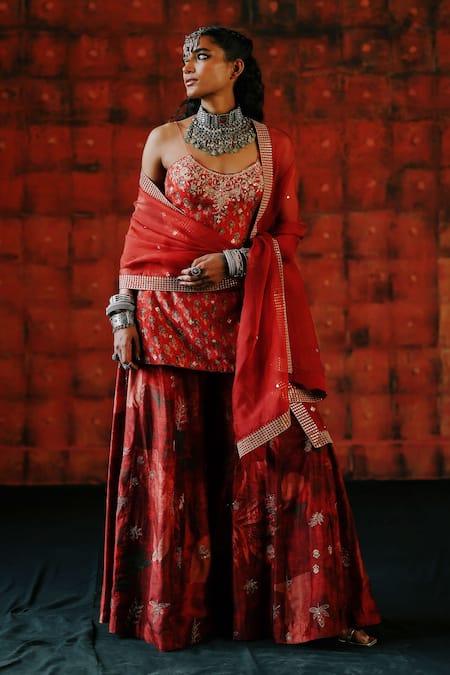 Drishti & Zahabia Brick Red Tunic Set with Printed Sharara 