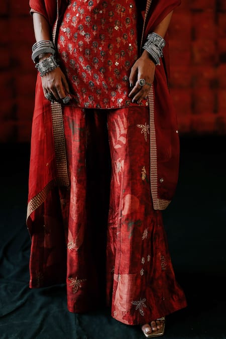 Buy_Drishti & Zahabia_Red Silk, Organza Zari, Sequins, Mirrors Brick Tunic Set With Printed Sharara _Online_at_Aza_Fashions