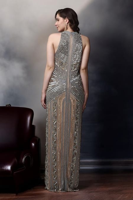 Ambrosia Silver Geometric Embroidered Gown 
