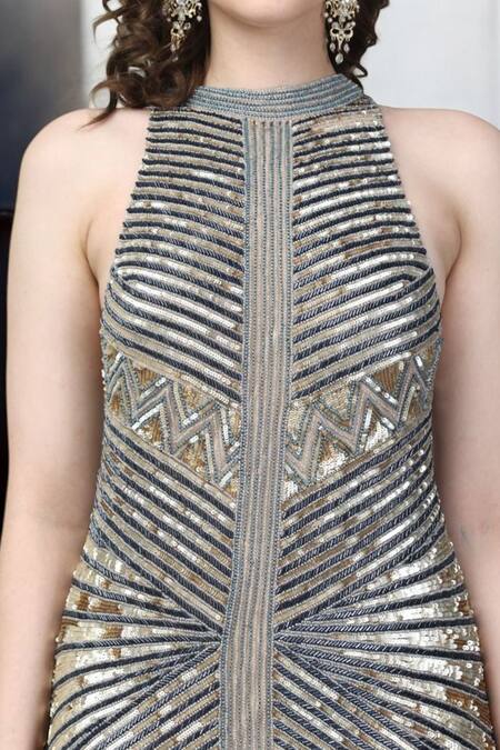 Buy_Ambrosia_Silver Nylon Embroidery Halter Neck Geometric Gown _Online_at_Aza_Fashions
