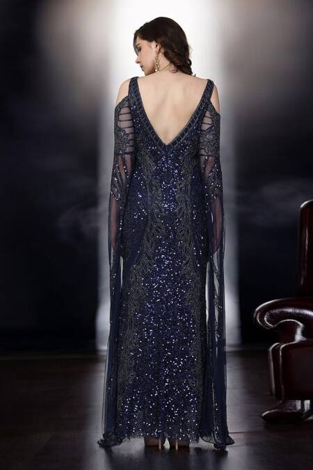Ambrosia_Blue Nylon Beads, Crystals V-neck Navy Hand-embroidered Gown With Slit Sleeves _Online_at_Aza_Fashions