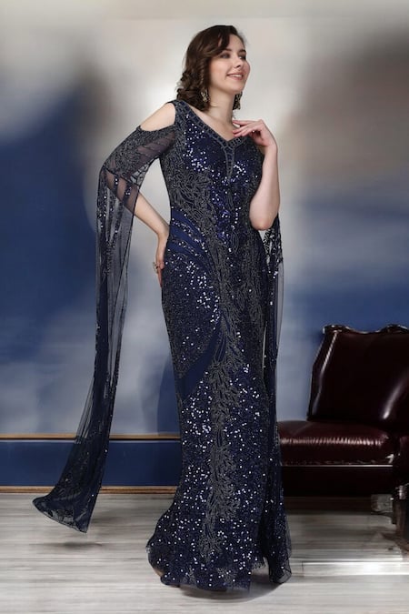 Shop_Ambrosia_Blue Nylon Beads, Crystals V-neck Navy Hand-embroidered Gown With Slit Sleeves _Online_at_Aza_Fashions