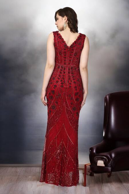 Ambrosia_Red Nylon Beads, Sequins V-neck Hand Embroidered Gown _Online_at_Aza_Fashions