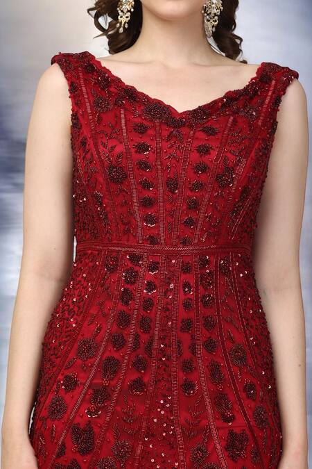 Buy_Ambrosia_Red Nylon Beads, Sequins V-neck Hand Embroidered Gown _Online_at_Aza_Fashions