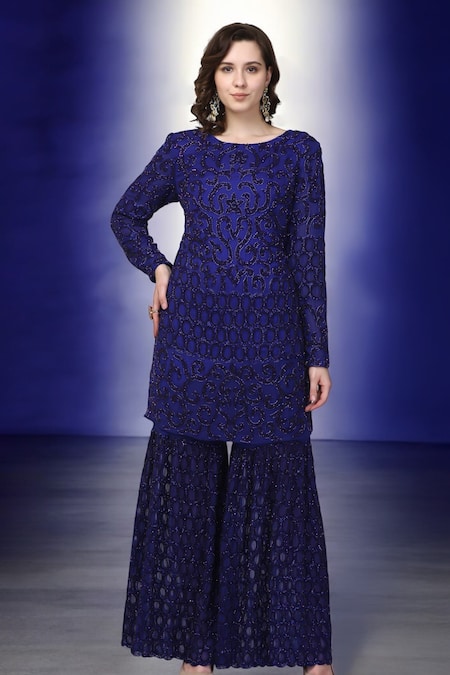 Ambrosia Navy Embroidered Kurta & Sharara Set 