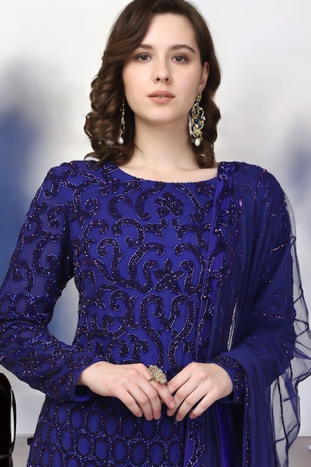 Ambrosia Blue Nylon Embroidery, Sequins Round Neck Navy Kurta And Sharara Set Online at Aza Fashions Ambrosia_Blue Nylon Embroidery, Sequins Round Neck Navy Kurta And Sharara Set _Online_at_Aza_Fashions