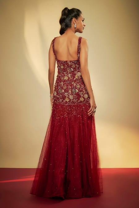 Krishna Padia Embroidered Gown in Maroon Crepe 