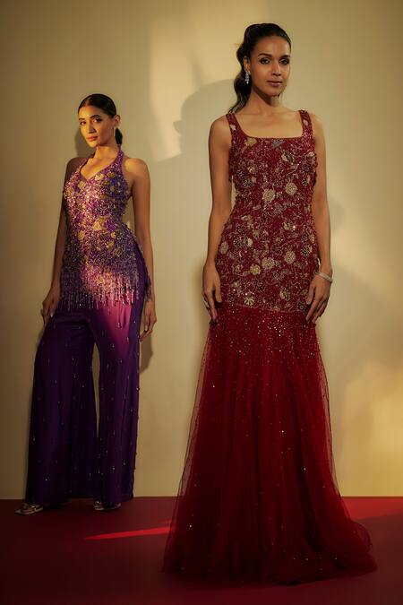 Krishna Padia_Maroon Crepe, Net Sequins Square Neck Embroidered Gown In _Online_at_Aza_Fashions