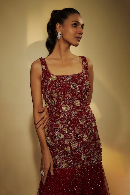 Shop_Krishna Padia_Maroon Crepe, Net Sequins Square Neck Embroidered Gown In _Online_at_Aza_Fashions