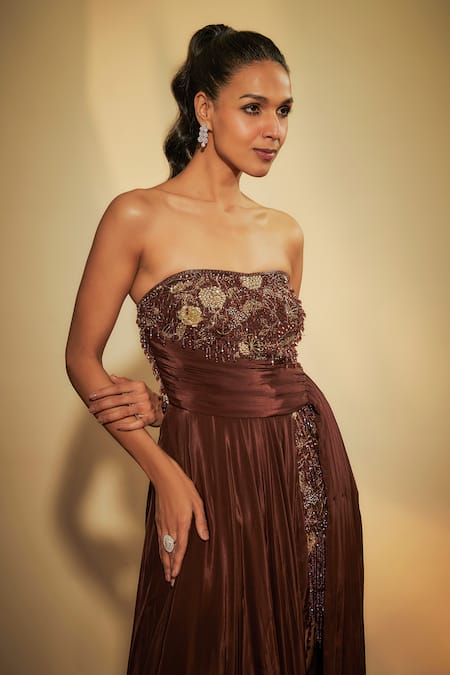 Buy_Krishna Padia_Brown Crepe Cut Work, Sequins, Zari Off-shoulder Hand Embroidered Gown _Online_at_Aza_Fashions