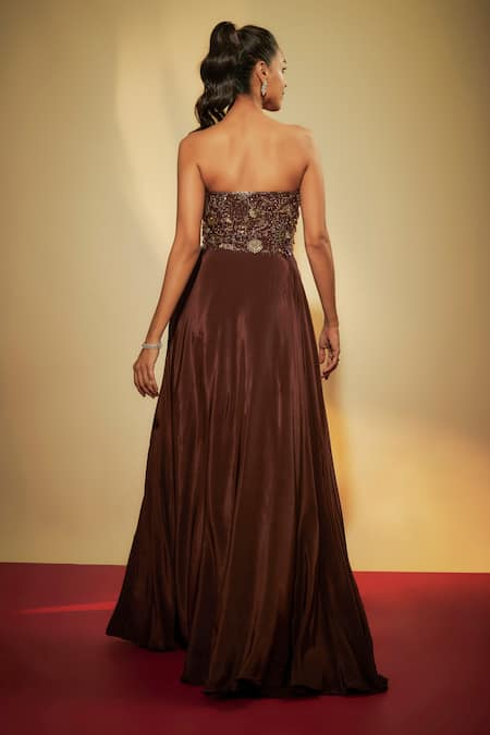 Krishna Padia Brown Hand Embroidered Crepe Gown 