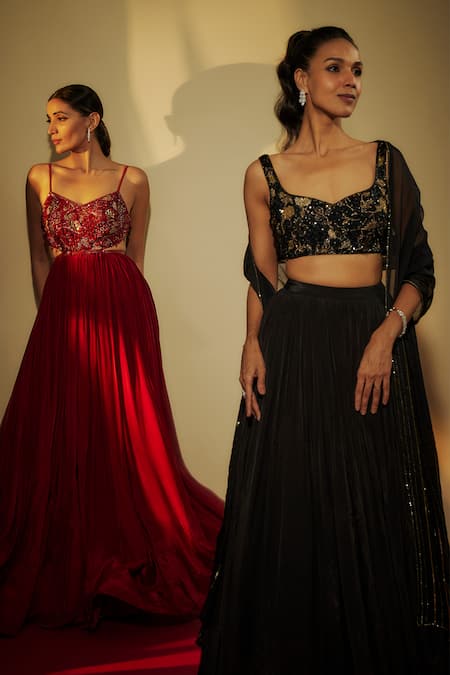 Krishna Padia_Maroon Crepe Sequins V-neck Hand Embroidered Gown _Online_at_Aza_Fashions