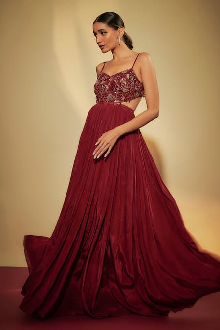 Buy_Krishna Padia_Maroon Crepe Sequins V-neck Hand Embroidered Gown _Online_at_Aza_Fashions