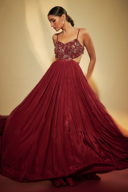 Shop_Krishna Padia_Maroon Crepe Sequins V-neck Hand Embroidered Gown _Online_at_Aza_Fashions