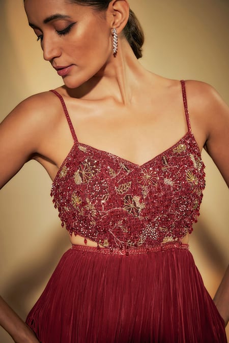Krishna Padia_Maroon Crepe Sequins V-neck Hand Embroidered Gown _at_Aza_Fashions
