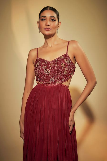 Buy_Krishna Padia_Maroon Crepe Sequins V-neck Hand Embroidered Gown 