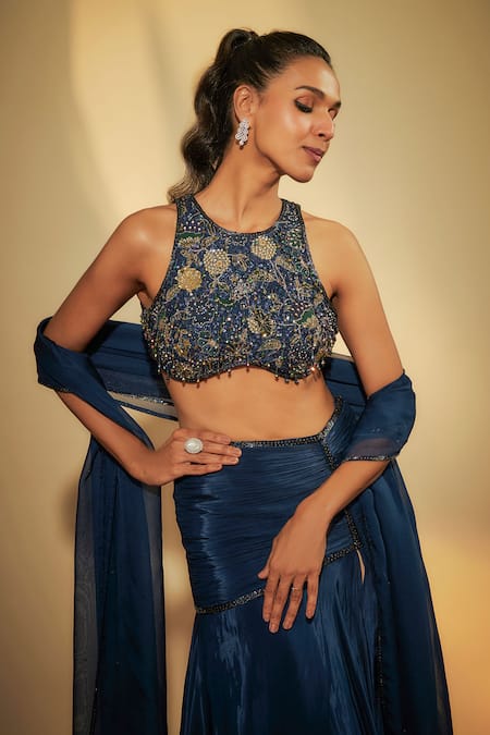 Krishna Padia Blue Crepe, Silk Organza Sequins, Cut Work, Zari, Sapphire Lehenga Set Online at Aza Fashions Krishna Padia_Blue Crepe, Silk Organza Sequins, Cut Work, Zari, Sapphire Lehenga Set _Online_at_Aza_Fashions