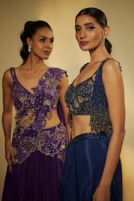 Shop Krishna Padia Blue Crepe Sequins, Zari Round Neck Sapphire Embroidered Jacket Skirt Set Online at Aza Fashions Shop_Krishna Padia_Blue Crepe Sequins, Zari Round Neck Sapphire Embroidered Jacket Skirt Set _Online_at_Aza_Fashions
