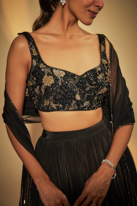 Buy_Krishna Padia_Black Crepe, Silk Organza Sequins, Zari Hand Embroidered Lehenga Set _Online_at_Aza_Fashions