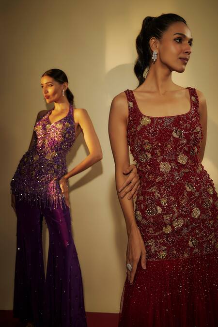 Shop Krishna Padia Purple Crepe Sequins, Cut Work Halter Neck Embroidered Sharara Set Online at Aza Fashions Shop_Krishna Padia_Purple Crepe Sequins, Cut Work Halter Neck Embroidered Sharara Set _Online_at_Aza_Fashions