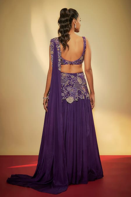 Shop Krishna Padia Purple Crepe Sequins, Zari, Cut Work Scoop Neck Embroidered Lehenga Set at Aza Fashions Shop_Krishna Padia_Purple Crepe Sequins, Zari, Cut Work Scoop Neck Embroidered Lehenga Set _at_Aza_Fashions