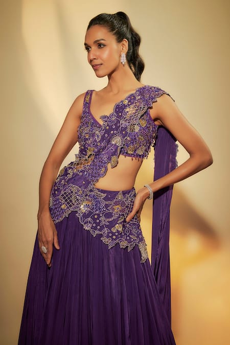 Krishna Padia Purple Crepe Sequins, Zari, Cut Work Scoop Neck Embroidered Lehenga Set Online at Aza Fashions Krishna Padia_Purple Crepe Sequins, Zari, Cut Work Scoop Neck Embroidered Lehenga Set _Online_at_Aza_Fashions