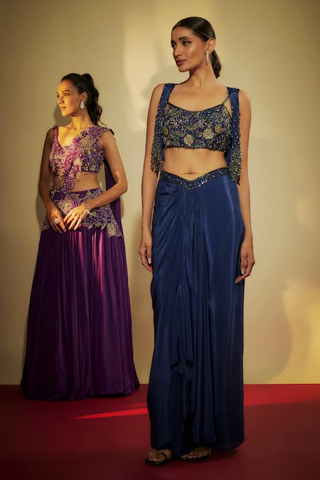 Buy Krishna Padia Purple Crepe Sequins, Zari, Cut Work Scoop Neck Embroidered Lehenga Set Online at Aza Fashions Buy_Krishna Padia_Purple Crepe Sequins, Zari, Cut Work Scoop Neck Embroidered Lehenga Set _Online_at_Aza_Fashions