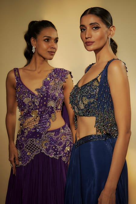 Krishna Padia Purple Crepe Sequins, Zari, Cut Work Scoop Neck Embroidered Lehenga Set at Aza Fashions Krishna Padia_Purple Crepe Sequins, Zari, Cut Work Scoop Neck Embroidered Lehenga Set _at_Aza_Fashions
