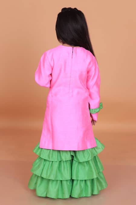 Turqidz By Shweta Aggarwal Embroidered Pink Kurti & Green Ruffle Sharara 