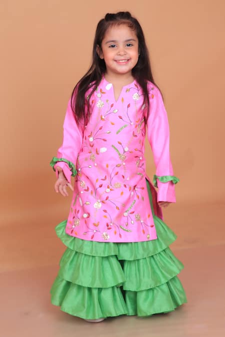 Turqidz by Shweta Aggarwal Embroidered Pink Kurti & Green Ruffle Sharara 