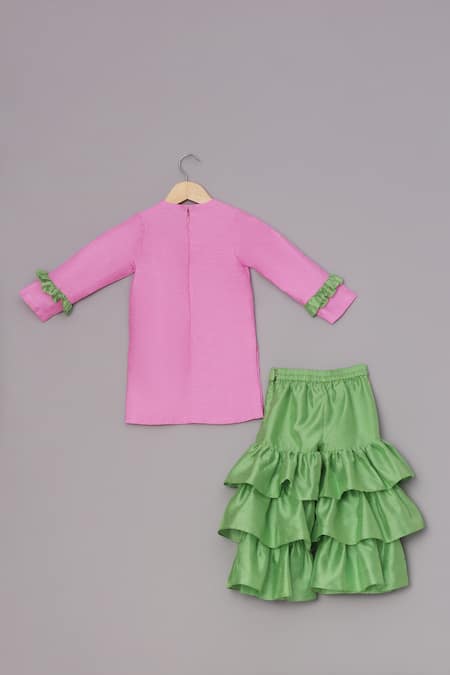 Turqidz By Shweta Aggarwal_Pink Cotton, Silk Embroidery Kurti And Green Ruffle Sharara _Online_at_Aza_Fashions