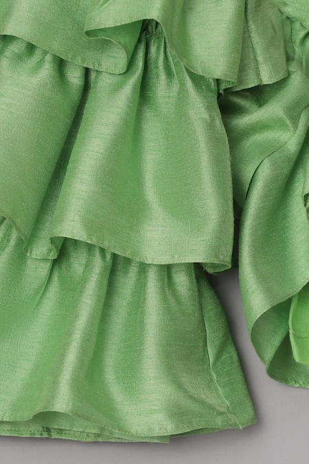 Shop_Turqidz By Shweta Aggarwal_Pink Cotton, Silk Embroidery Kurti And Green Ruffle Sharara _Online_at_Aza_Fashions