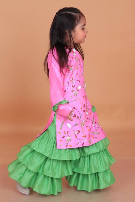 Turqidz By Shweta Aggarwal_Pink Cotton, Silk Embroidery Kurti And Green Ruffle Sharara _at_Aza_Fashions