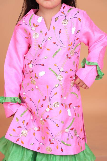 Buy_Turqidz By Shweta Aggarwal_Pink Cotton, Silk Embroidery Kurti And Green Ruffle Sharara 