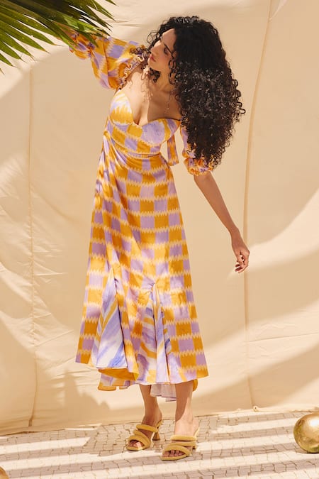 Buy_ZiP by Payal & Zinal_Multi Color Cotton, Linen Sweetheart Neck Checkered Puff Sleeve Midi Dress _Online_at_Aza_Fashions