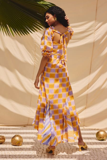 ZiP by Payal & Zinal Checkered Puff Sleeve Midi Dress 