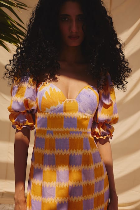 Shop_ZiP by Payal & Zinal_Multi Color Cotton, Linen Sweetheart Neck Checkered Puff Sleeve Midi Dress _Online_at_Aza_Fashions