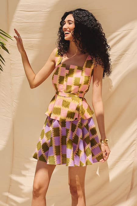 ZiP by Payal & Zinal_Multi Color Cotton, Linen Square Neck Print Top And Flared Skirt Set _Online_at_Aza_Fashions