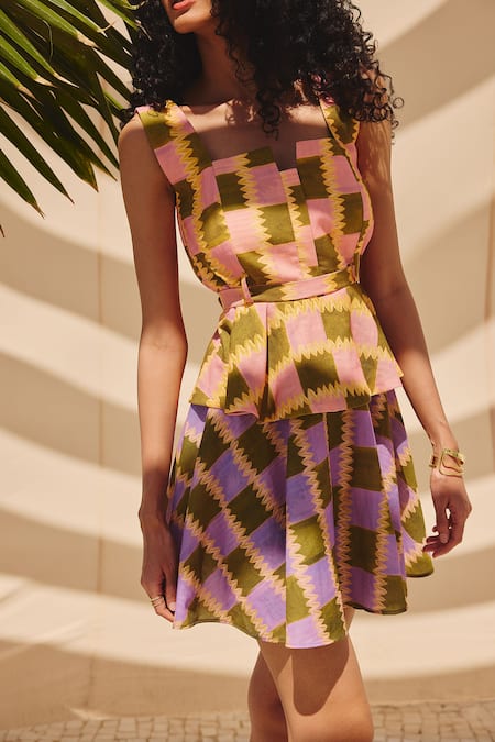 Buy_ZiP by Payal & Zinal_Multi Color Cotton, Linen Square Neck Print Top And Flared Skirt Set _Online_at_Aza_Fashions